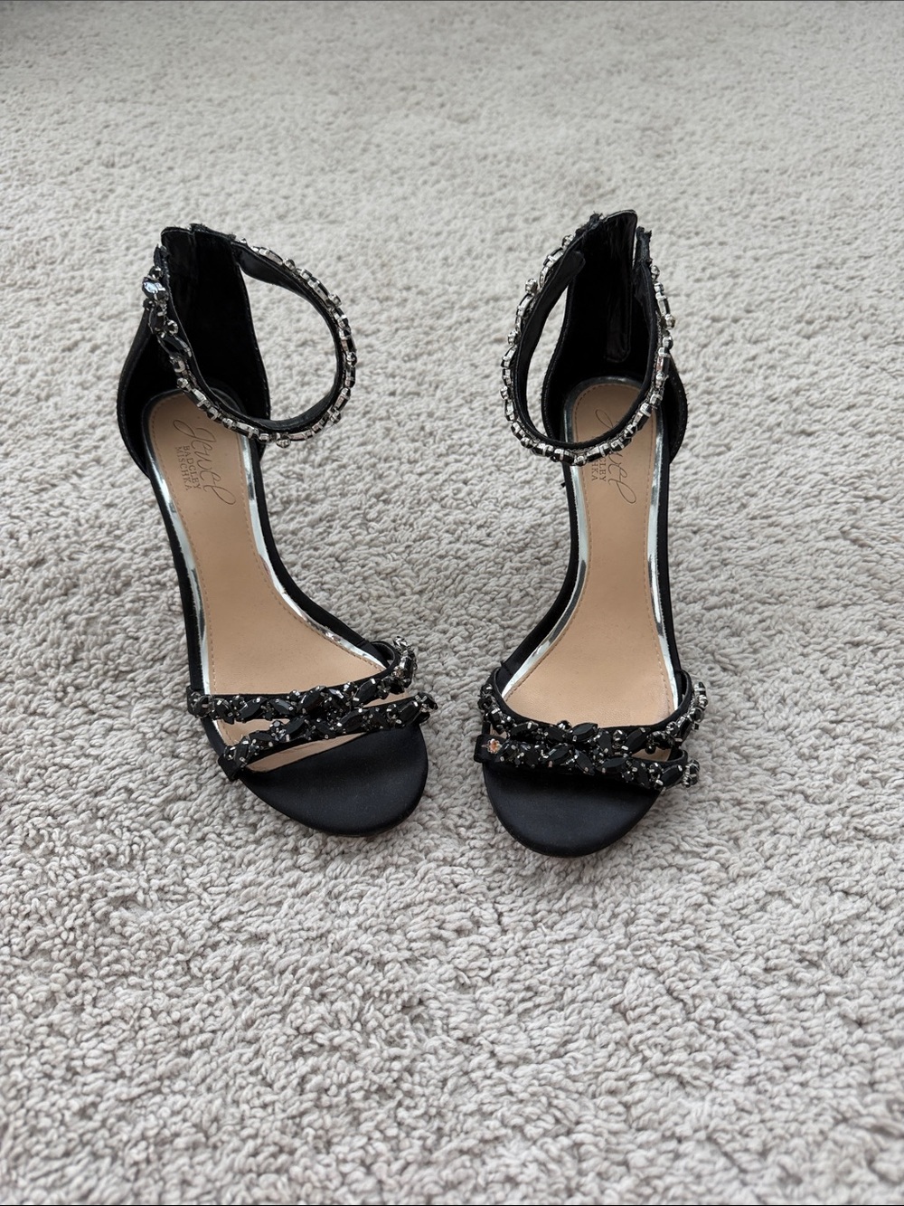 Jewel Badgley Mischka Black Crystal-Embellished Ankle-Strap Heels